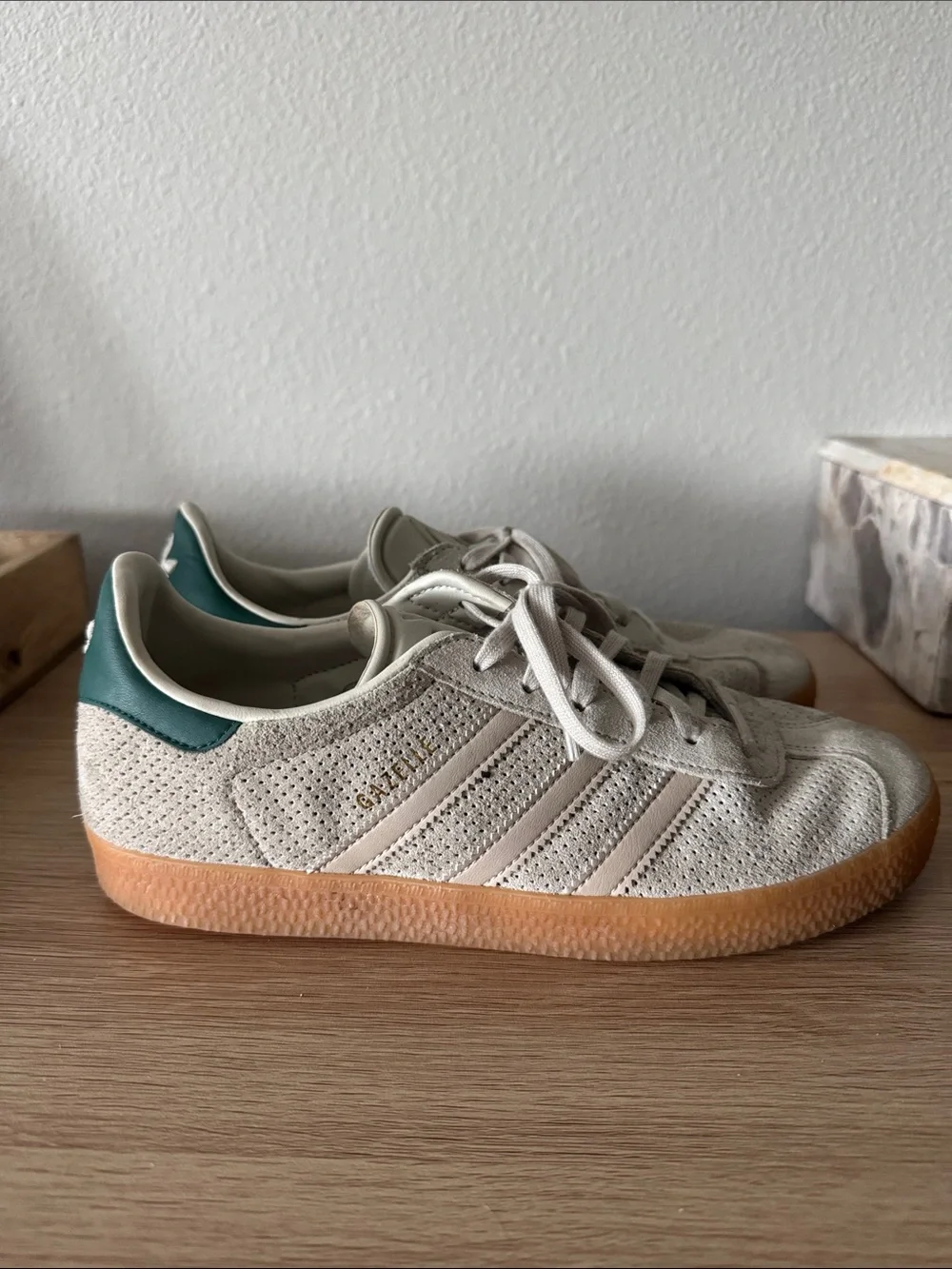 adidas Women’s Suede Sneaker in Light Beige with Teal Heel